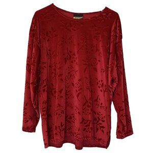 Jouly Women’s Size 1XL Red Floral Crushed Velvet Top Long Sleeve 90’s Vintage